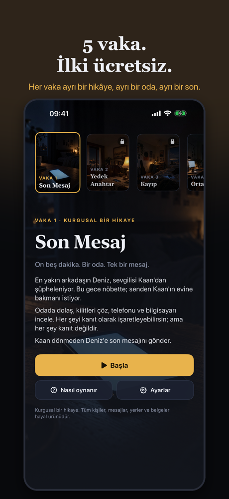 Vaka seçim ekranı — 5 vaka, ilki ücretsiz
